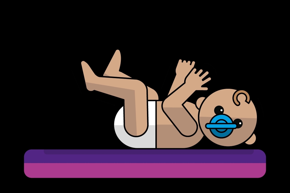 Illustratie van pasgeboren baby die in luier op aankleedkussen ligt