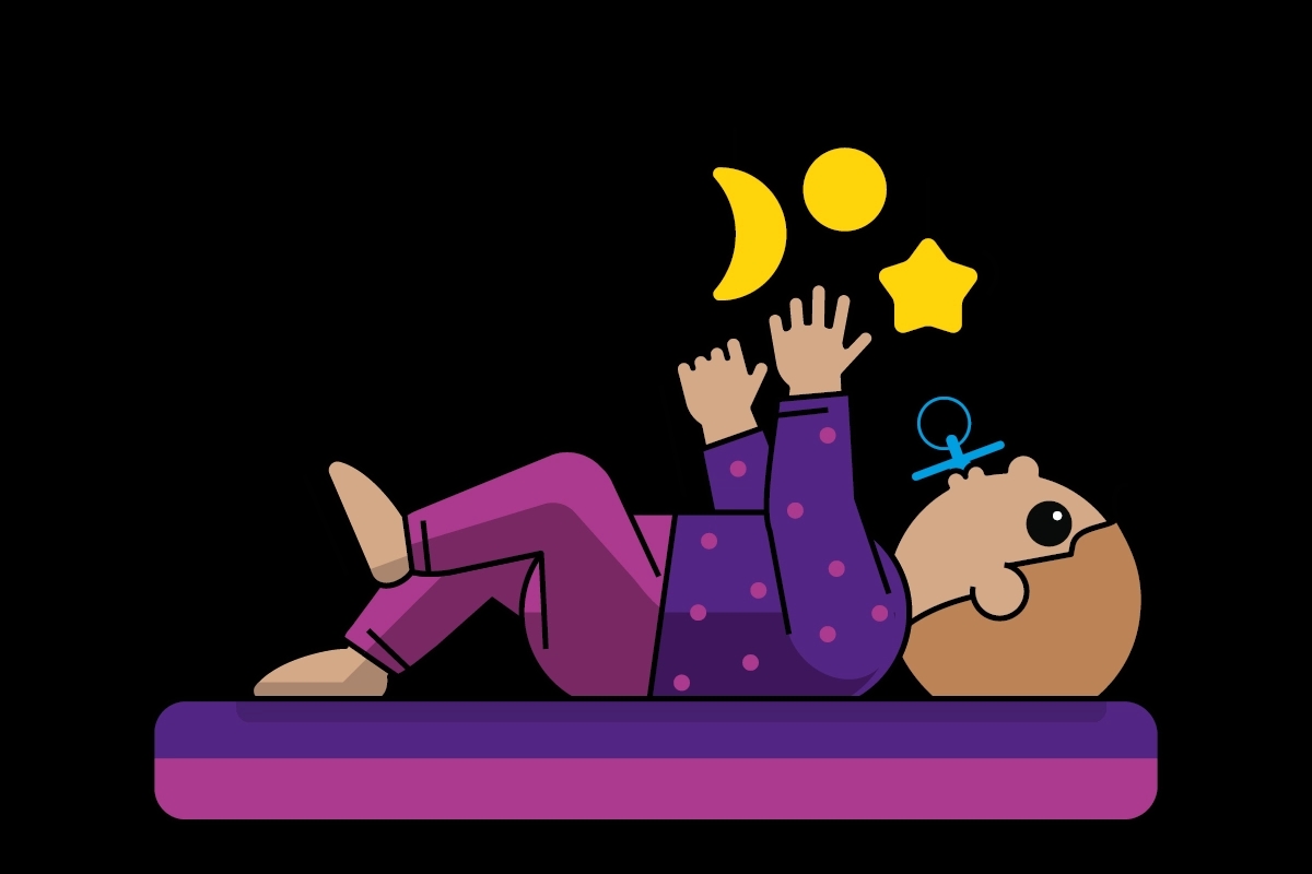 Illustratie van baby van 3 maanden die op kussen ligt en speelt met boxmobiel